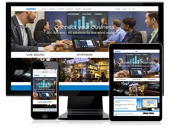 The QSC website shown on desktop, tablet, and mobile screens