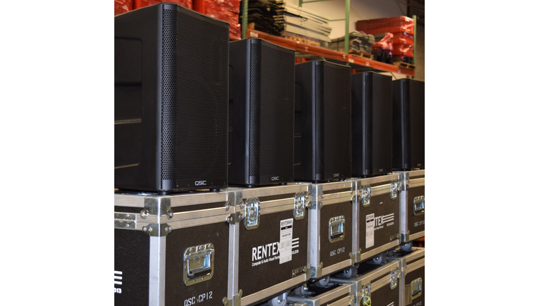 QSC Loudspeakers atop Rentex flight cases