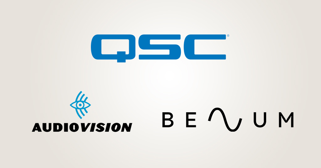 QSC, AudioVision, and Benum logos