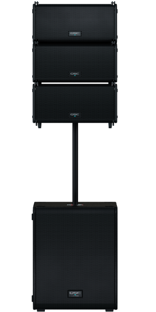 Front image of QSC line arrays on a subwoofer pole
