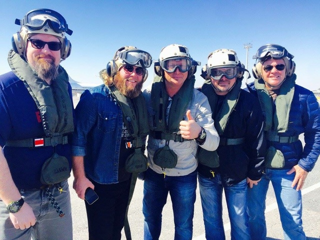 Eugene “Geno” Mulcahy wearing a flight helped and hear stacking on a runway with friends