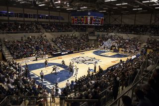 Interior view of a packed Pioneer Arena during a game