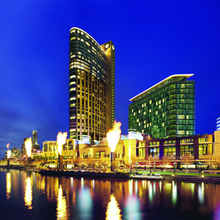  Exterior view of Crown Spas complex illuminated at night