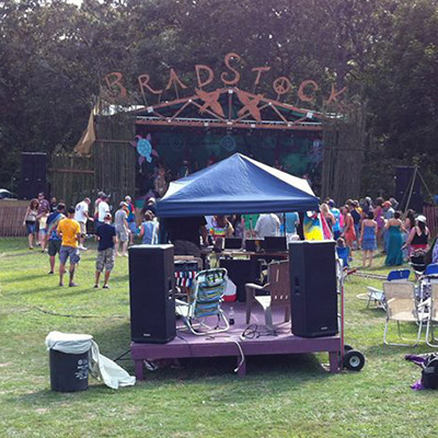 QSC speakers on a small pink float