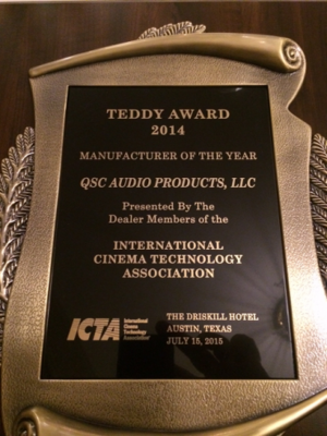 The bronze scroll-like 2014 Teddy Award for manufacturer of the year awarded to QSC