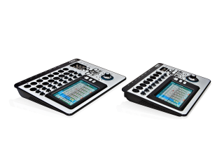 Angled side view of the QSC Touchmix-16 and Touchmix-8