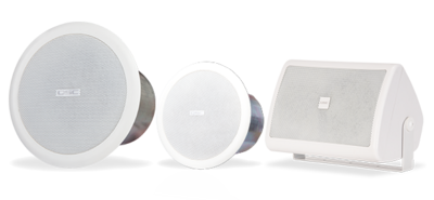 Angled front views of QSC installed Loudspeakers including the AC-C6T, AD-S4T, and the AC-S6T 