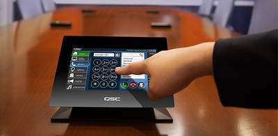 A hand using a QSC TSC-7t Tabletop Touchscreen